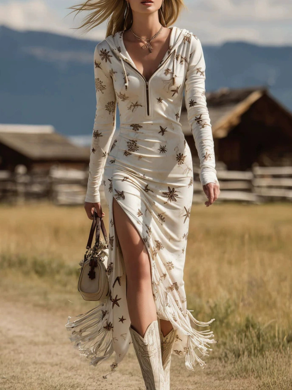 ZARA Retro Printed Hooded Long Sleeve Fitted Dress